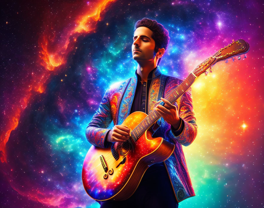 Man playing guitar in vibrant jacket against cosmic nebula backdrop