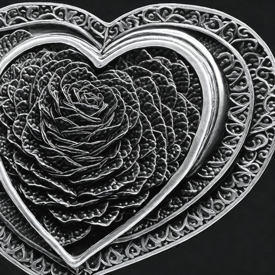 Metalwork heart with ornate border and raised floral pattern on black background