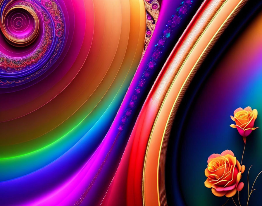 Colorful digital artwork with swirling patterns and stylized roses.