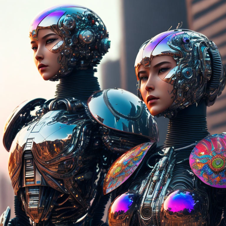 Futuristic female androids with cybernetic enhancements in reflective armor pose in cityscape.