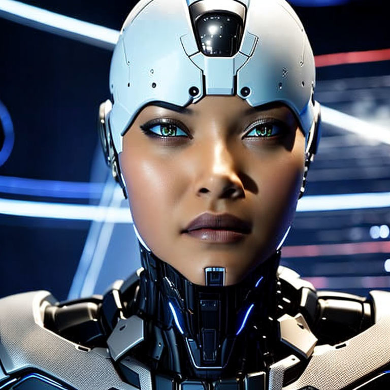 Female Android in Futuristic Helmet and Armor Against High-Tech Backdrop