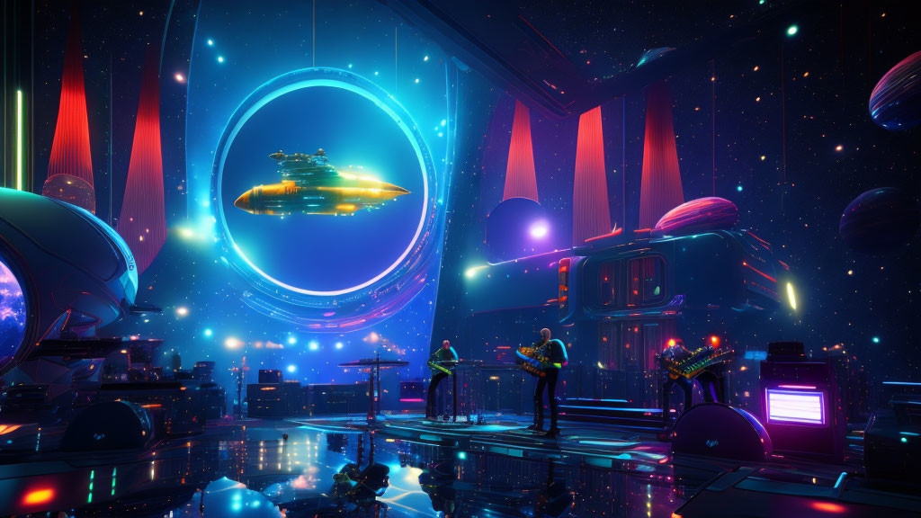 Colorful Sci-Fi Interior with Musicians, Spaceship Window, Neon Lights, Celestial Bodies