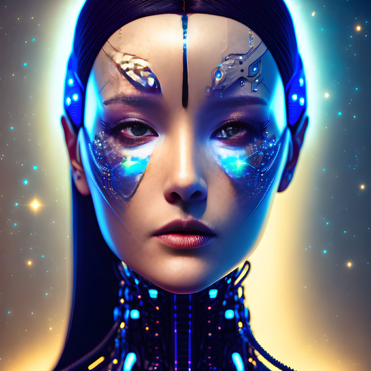 Detailed portrait of female cyborg with glowing blue eyes and facial circuitry