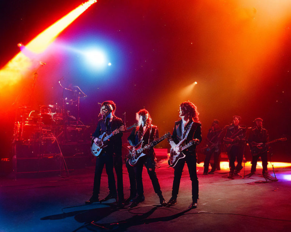 Vibrant Red and Yellow Stage Lighting with Guitarists and Drummer