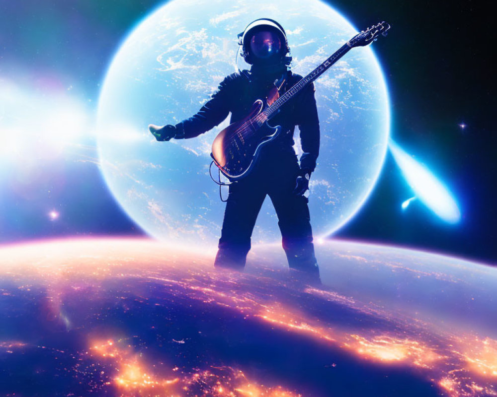 Astronaut with guitar in cosmic backdrop with Earth-like planet and galaxies