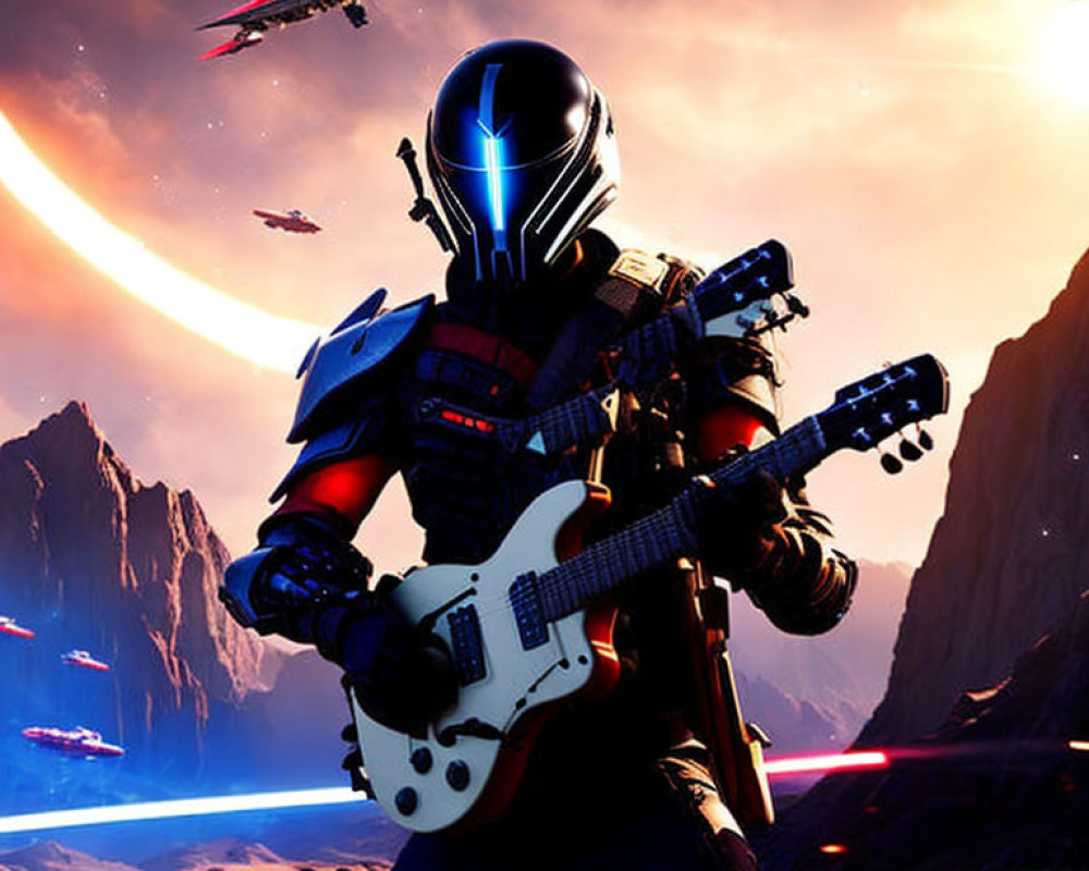 Armored figure playing electric guitar in futuristic setting