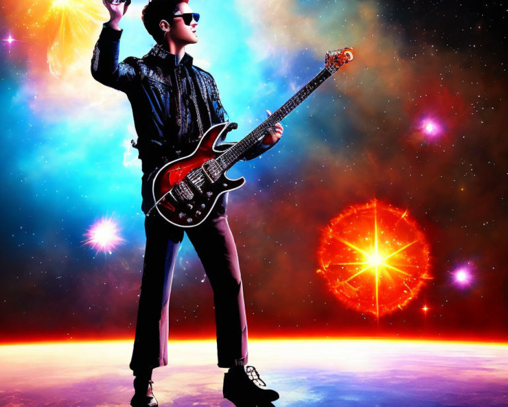 Stylish Person Playing Electric Guitar Against Cosmic Background