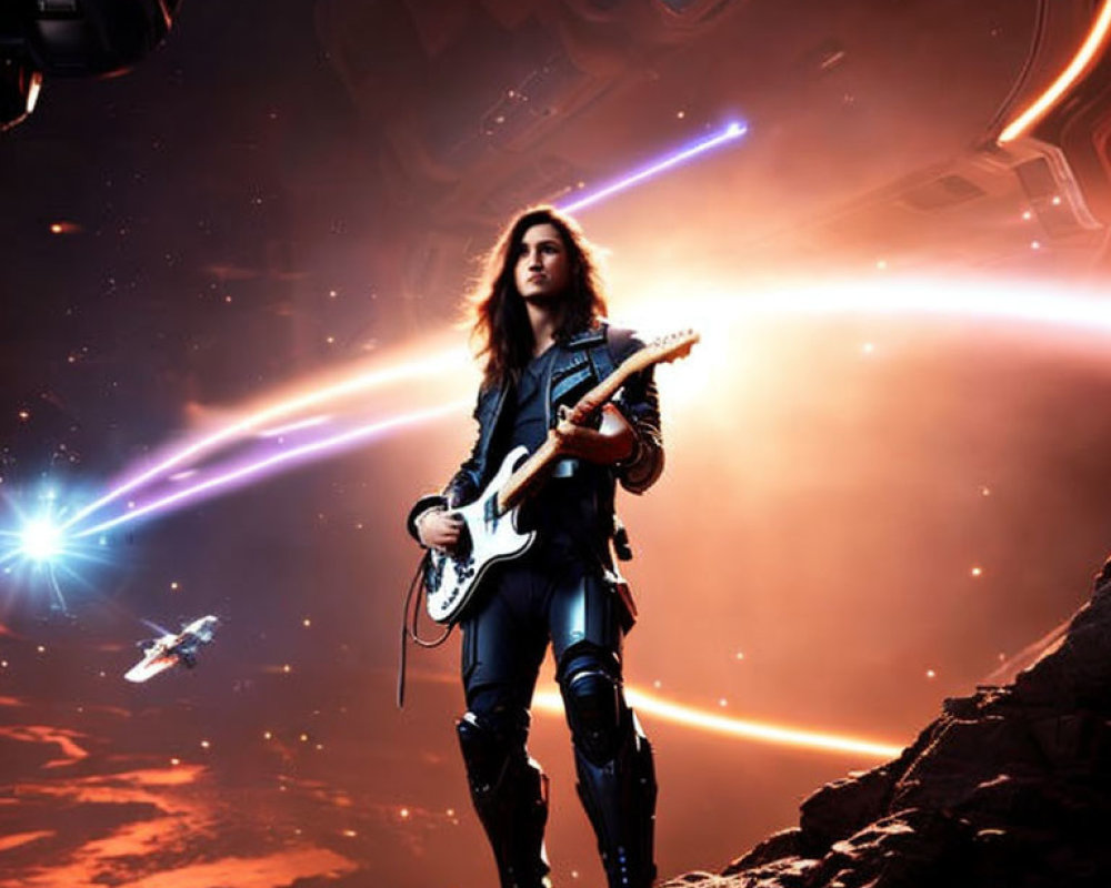 Musician with guitar on rocky surface under cosmic backdrop with spaceships