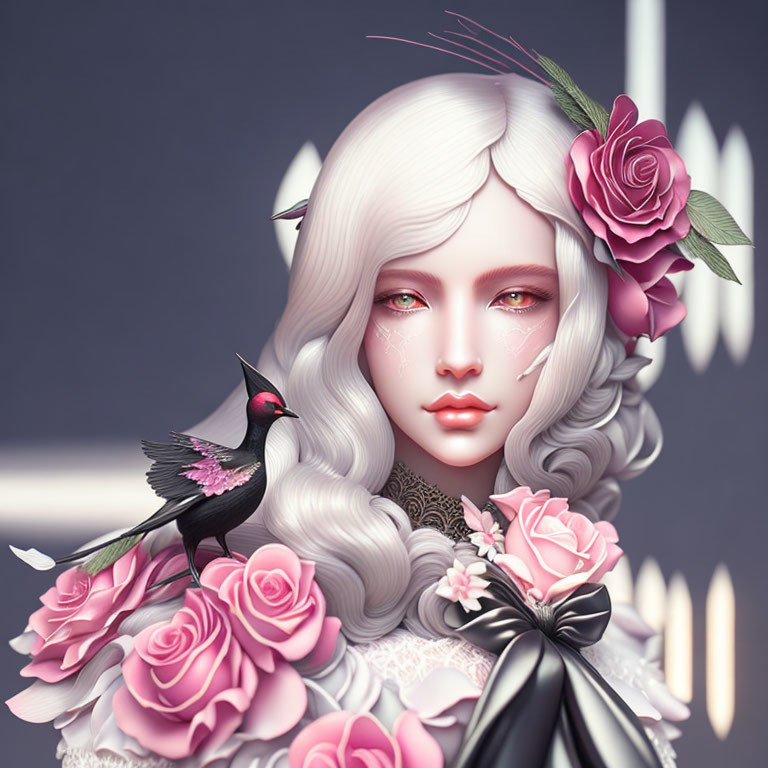 Illustrated portrait with pale skin, white hair, pink roses, and a black bird.