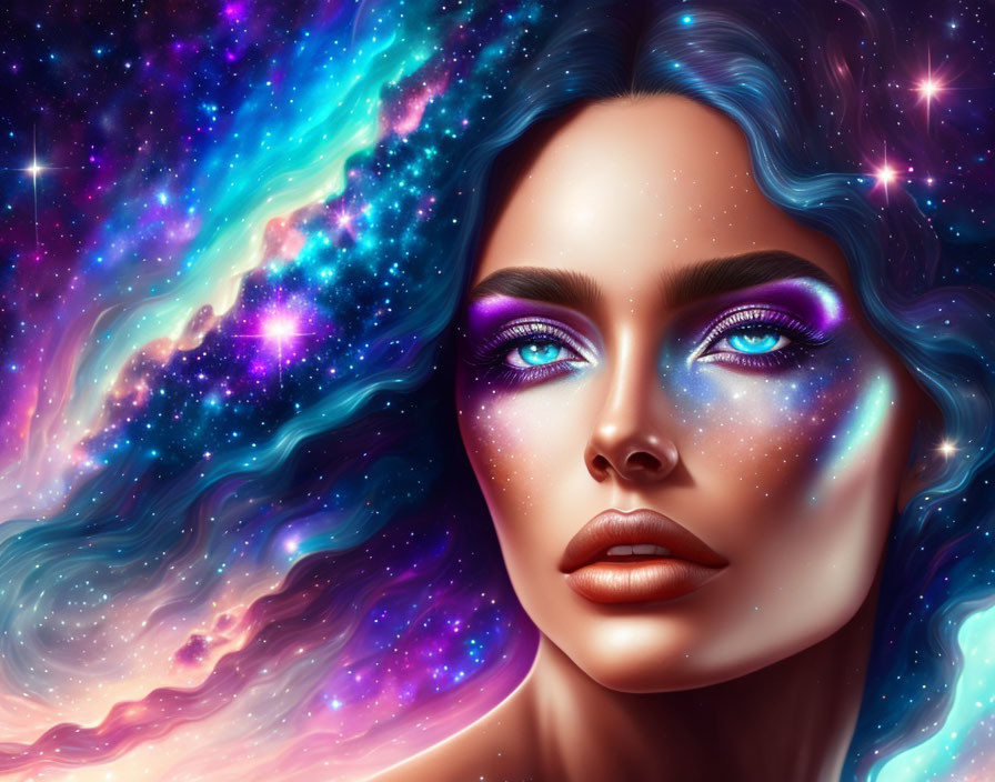 Cosmic-themed digital art portrait of a woman with vibrant colors and starry galaxy background