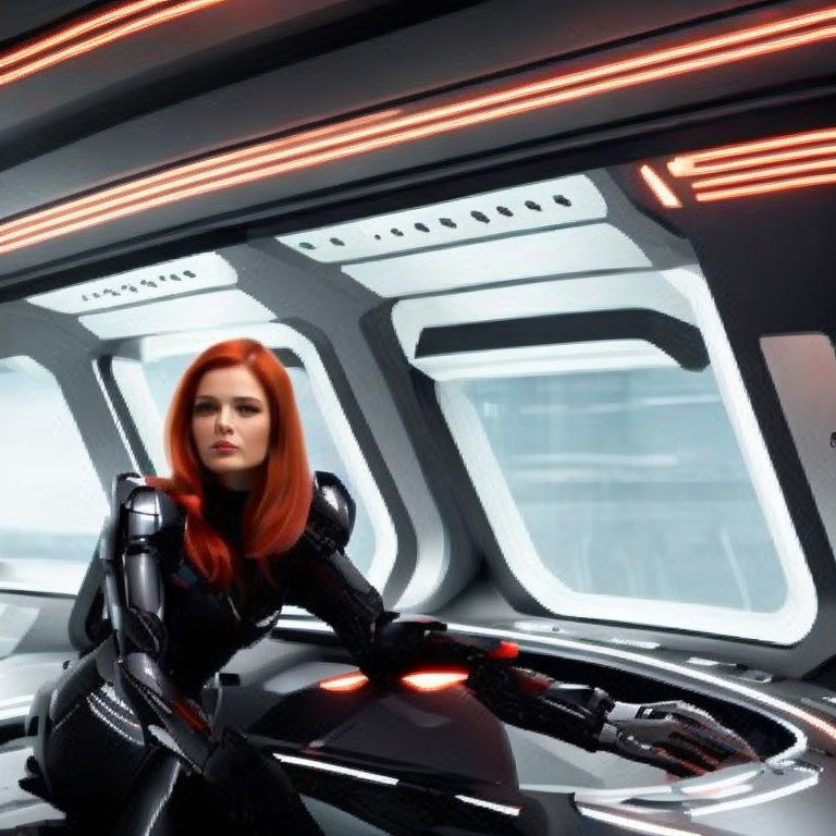 Red-haired person in black suit inside spaceship with white walls and red lighting