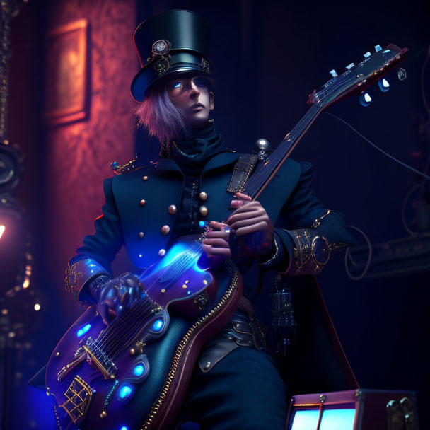 Stylish individual plays futuristic guitar in blue-lit room