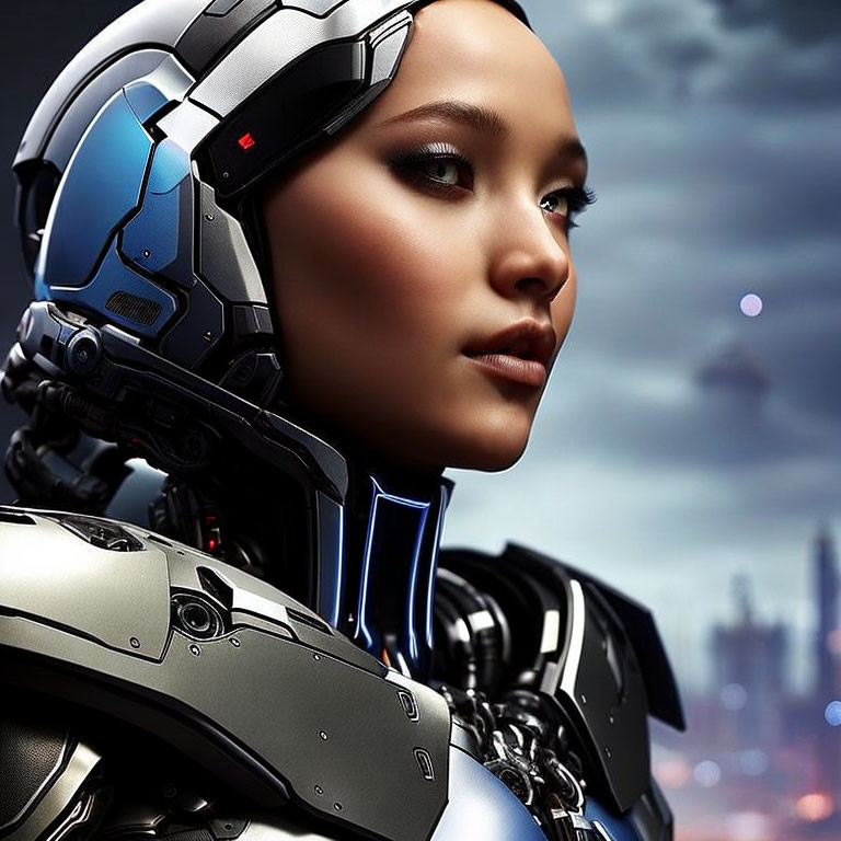 Futuristic female cyborg in armor with helmet against city skyline at dusk