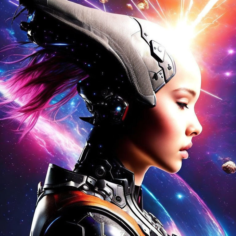 Futuristic female cyborg with pink hair in cosmic setting