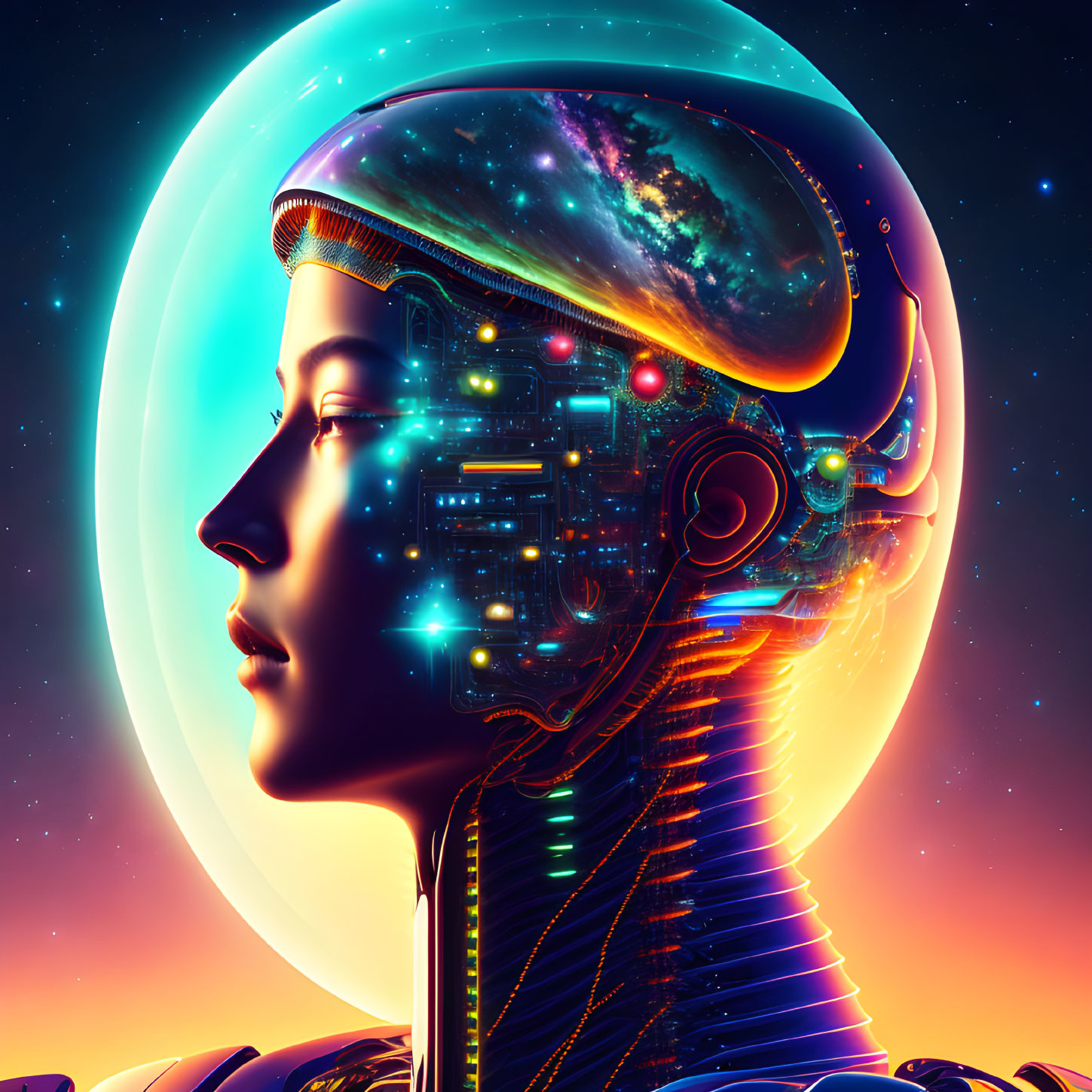 Colorful Female Android Illustration with Cosmic Headpiece and Space Scene