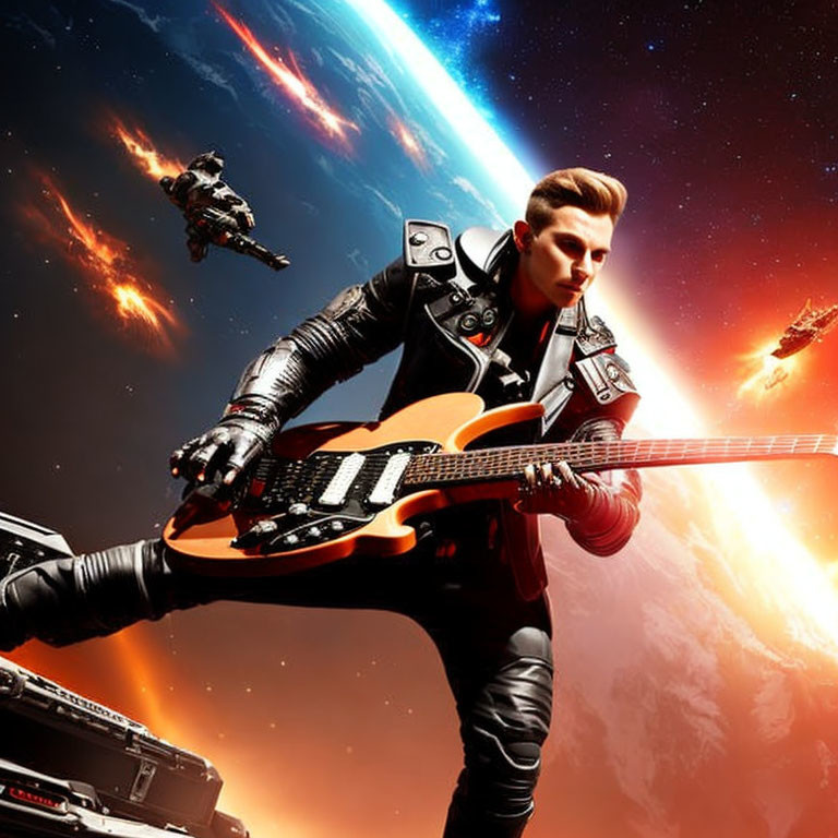 Futuristic rocker with guitar in dynamic space scene