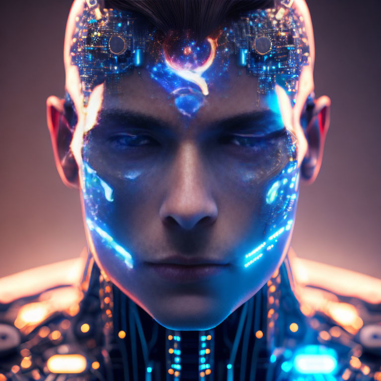 Man with Futuristic Cybernetic Implants and Glowing Blue Circuitry