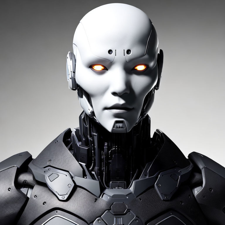 Futuristic humanoid robot with metallic body and glowing red eyes