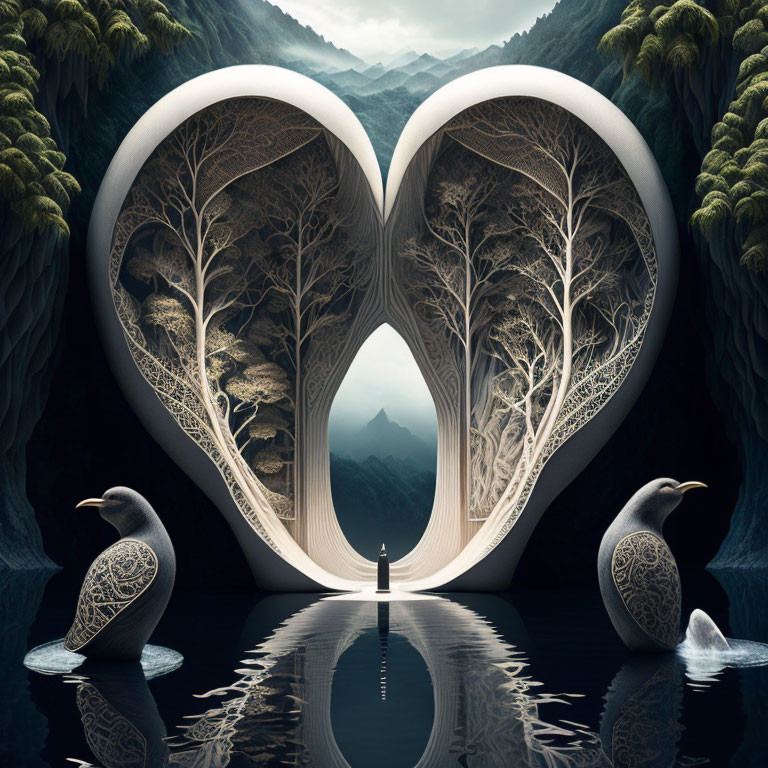 Mirrored tree structures in heart shape with penguins and mountains