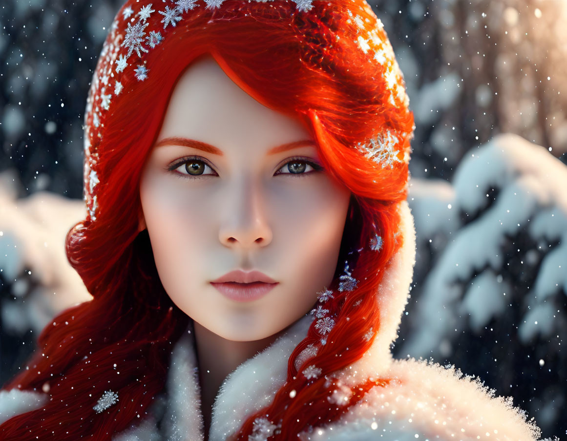 Person with Red Hair in Hood Surrounded by Snowy Background