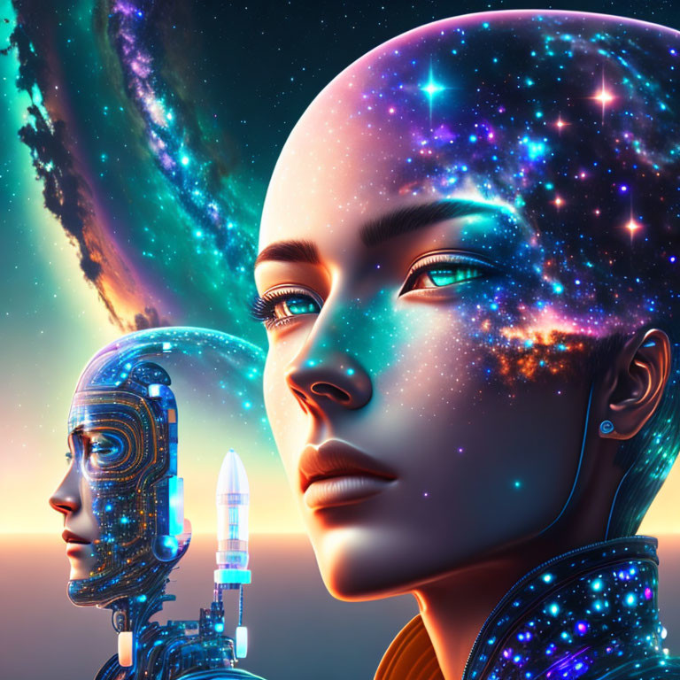 Digital artwork of female with galaxy skin and robotic head in cosmic setting