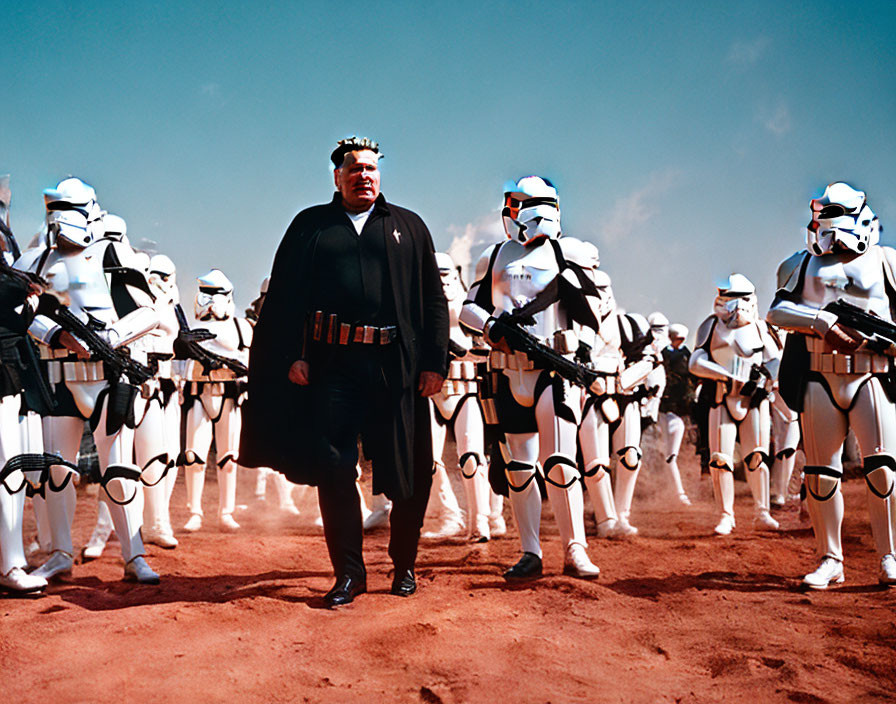 Imperial officers and stormtroopers on reddish terrain with central focus.