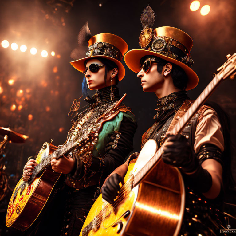 Steampunk-themed duo in top hats and goggles with guitar, under dramatic stage lighting