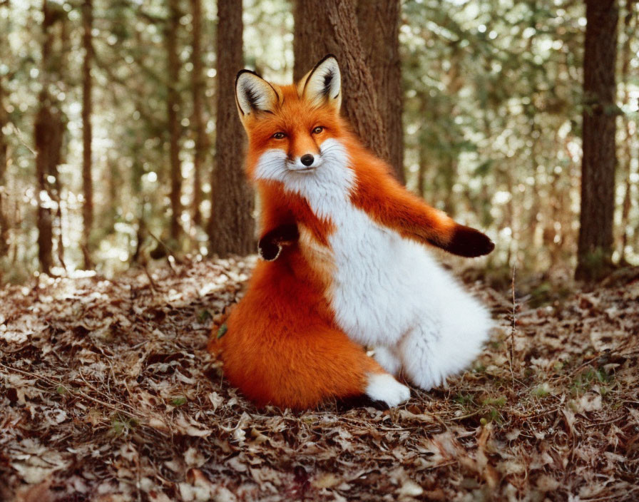 Red fox sitting upright in forest with curious expression