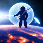 Astronaut with guitar in cosmic backdrop with Earth-like planet and galaxies