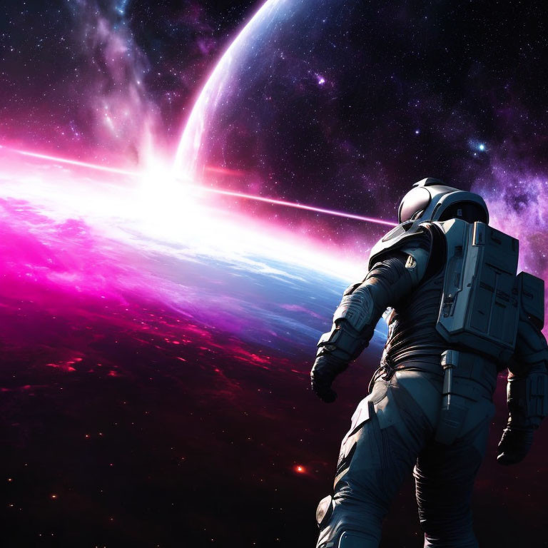 Astronaut floating in space with vivid nebula and cosmic rays