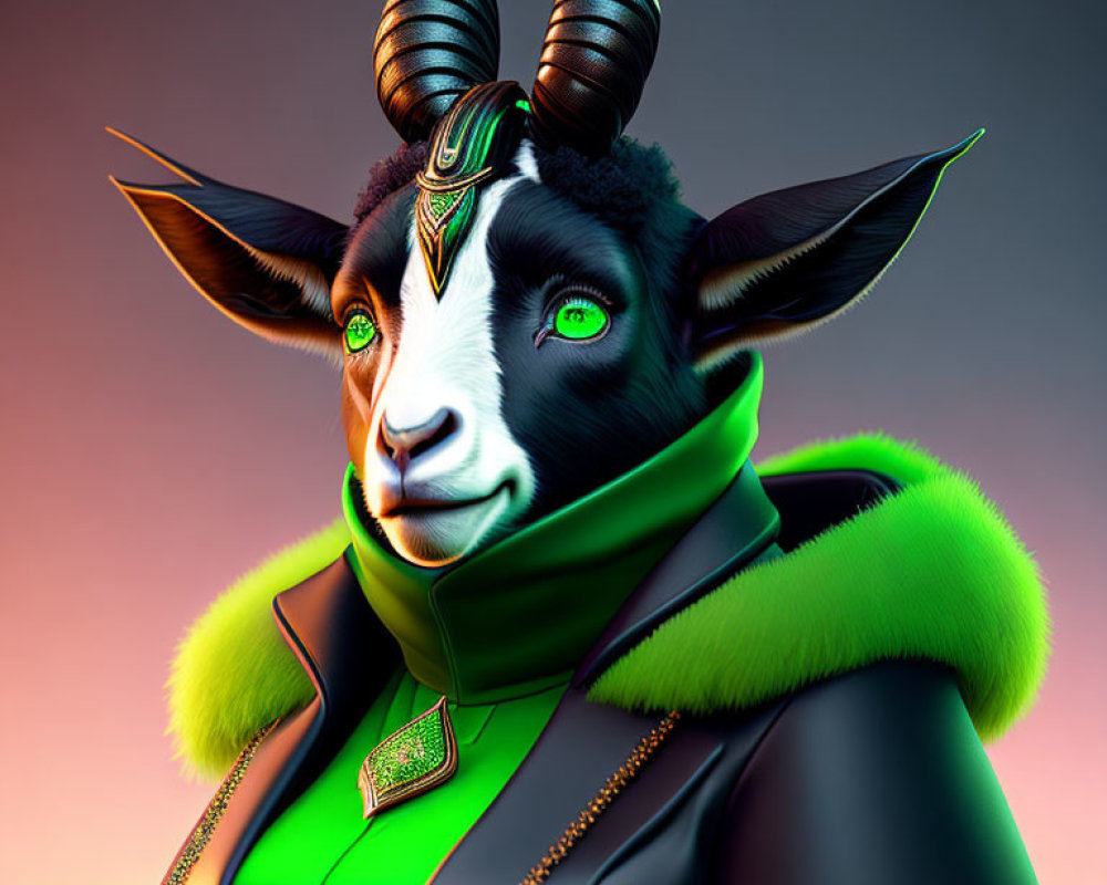 Digital portrait of anthropomorphic goat in black and green outfit