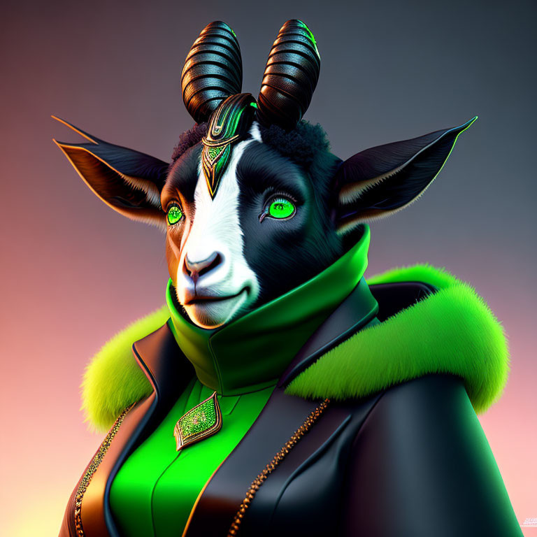 Digital portrait of anthropomorphic goat in black and green outfit