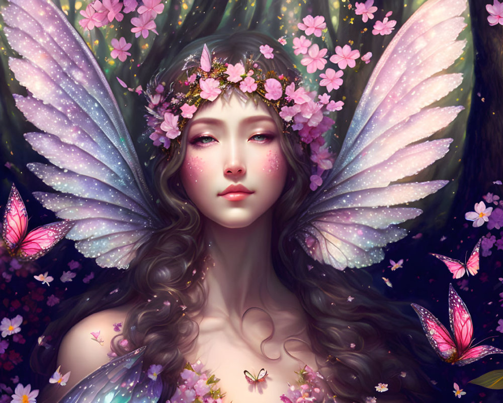 Mystical fairy with delicate wings in floral setting surrounded by butterflies