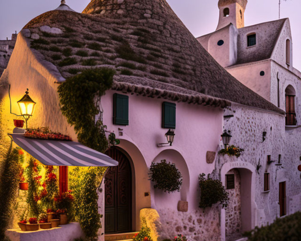 Charming cobblestone street at twilight with traditional white houses and lit lanterns