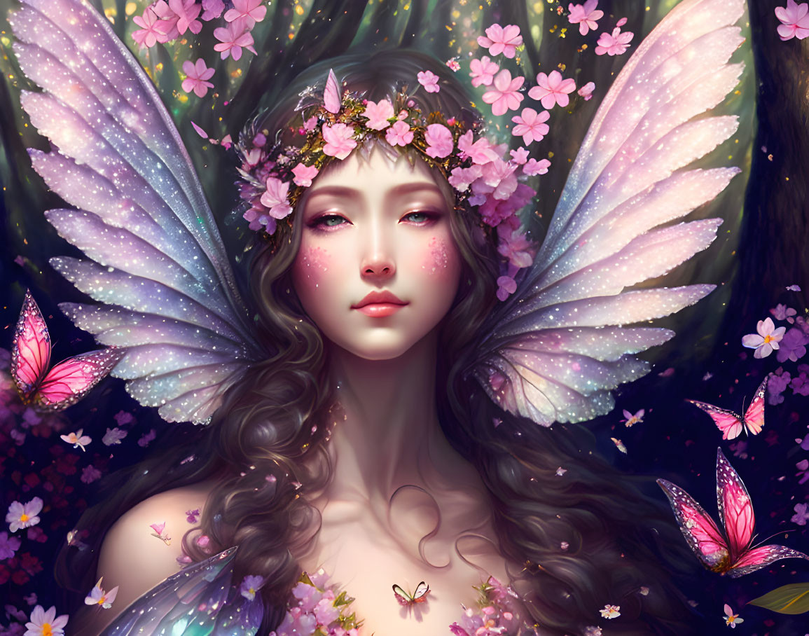 Mystical fairy with delicate wings in floral setting surrounded by butterflies