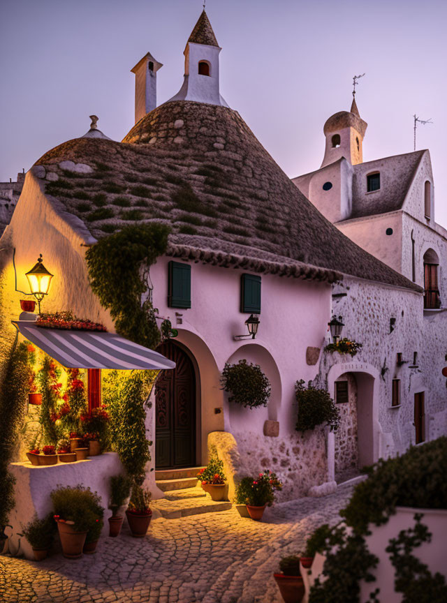 Charming cobblestone street at twilight with traditional white houses and lit lanterns