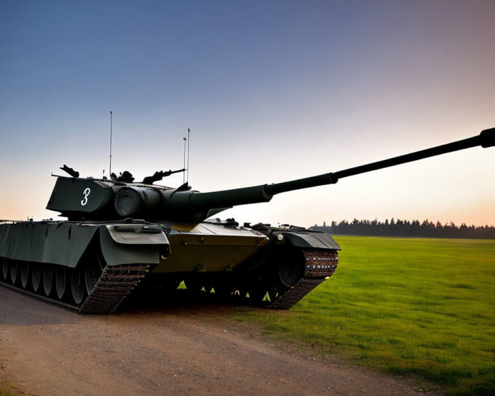 Green military tank on grassy field under sunset sky gradient