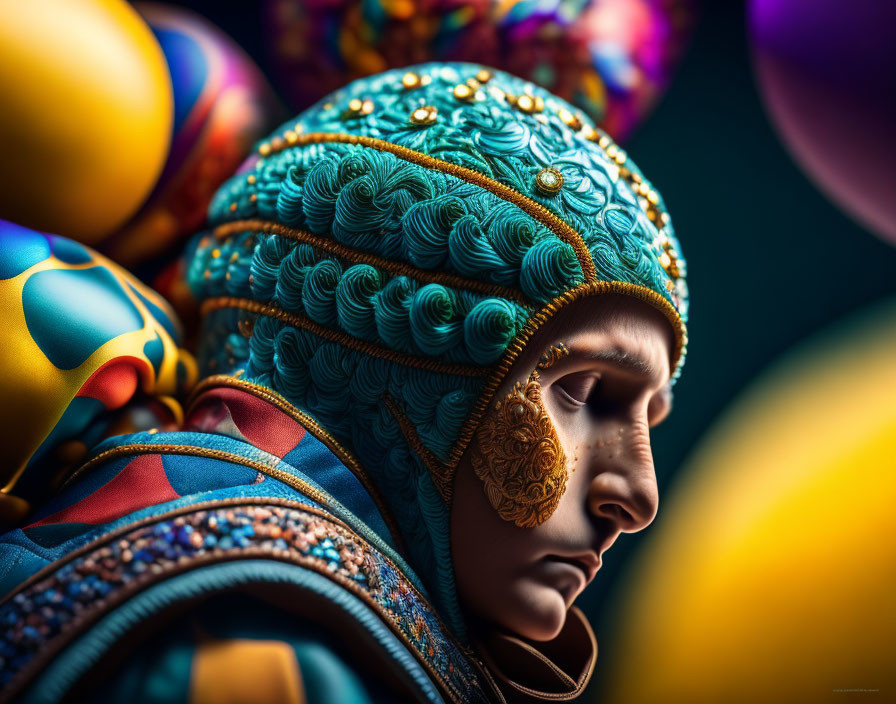 Side profile of a person in blue headpiece and colorful attire against vibrant balloons