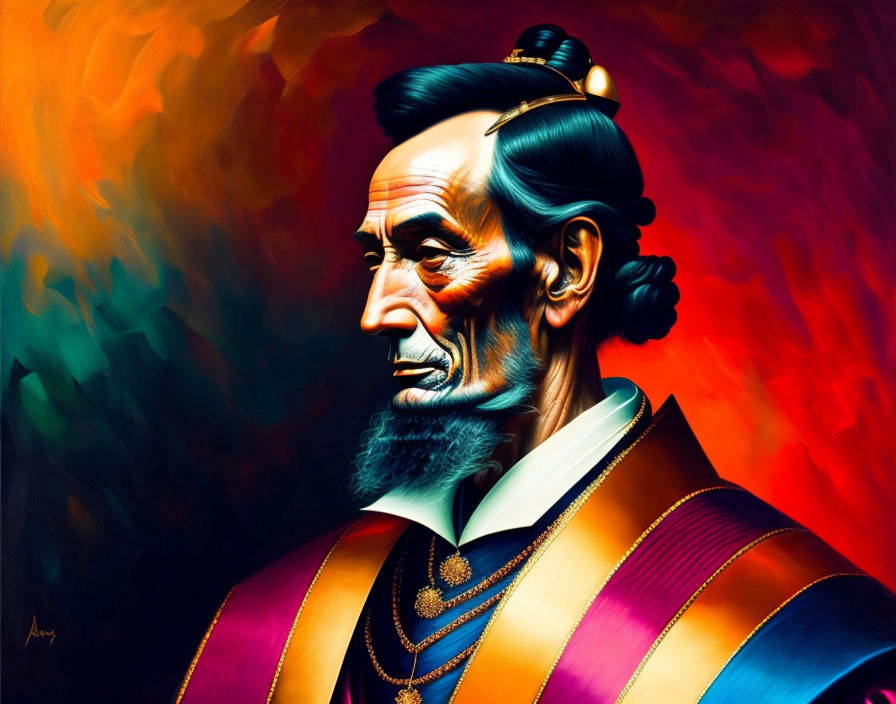 Vibrant digital illustration of bearded man in historical attire