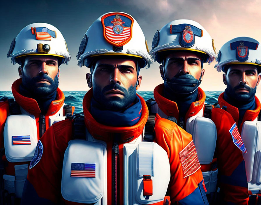 Four coast guards in uniform with life jackets and helmets under ominous sky