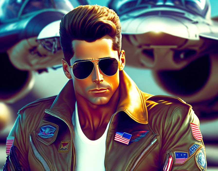 Stylized pilot in aviator sunglasses and bomber jacket with fighter jet.