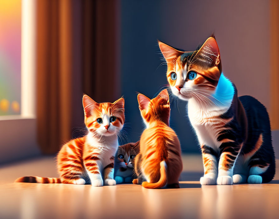 Four Orange and White Kittens in Warmly Lit Room