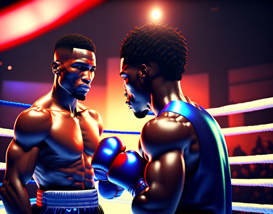 Animated boxers in intense ring face-off with dynamic lighting