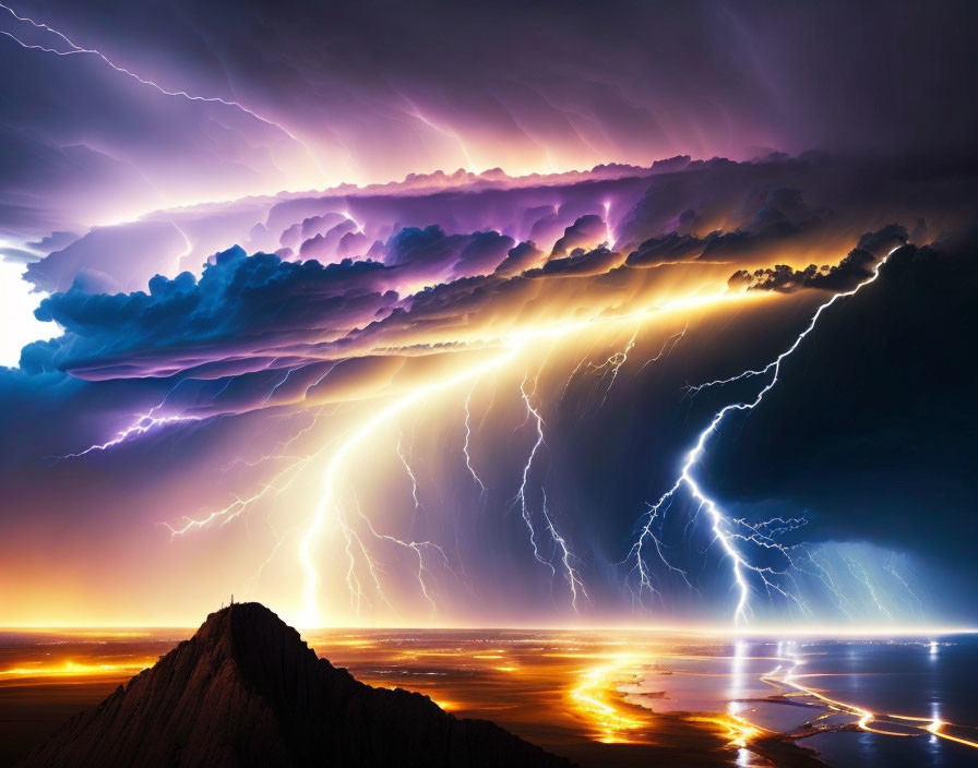 Dramatic thunderstorm with multiple lightning strikes in dark, purple-hued sky