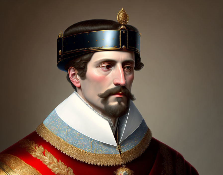 European Monarch Portrait with Crown, Robe, and Mustache