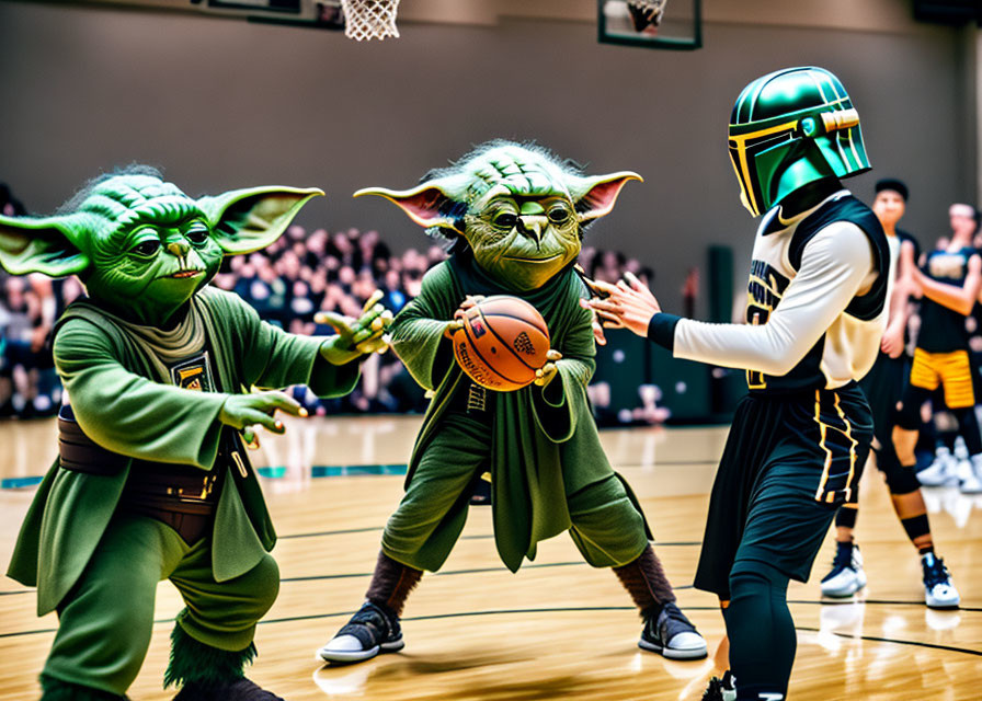 Individuals in Yoda and Boba Fett costumes playing indoor basketball