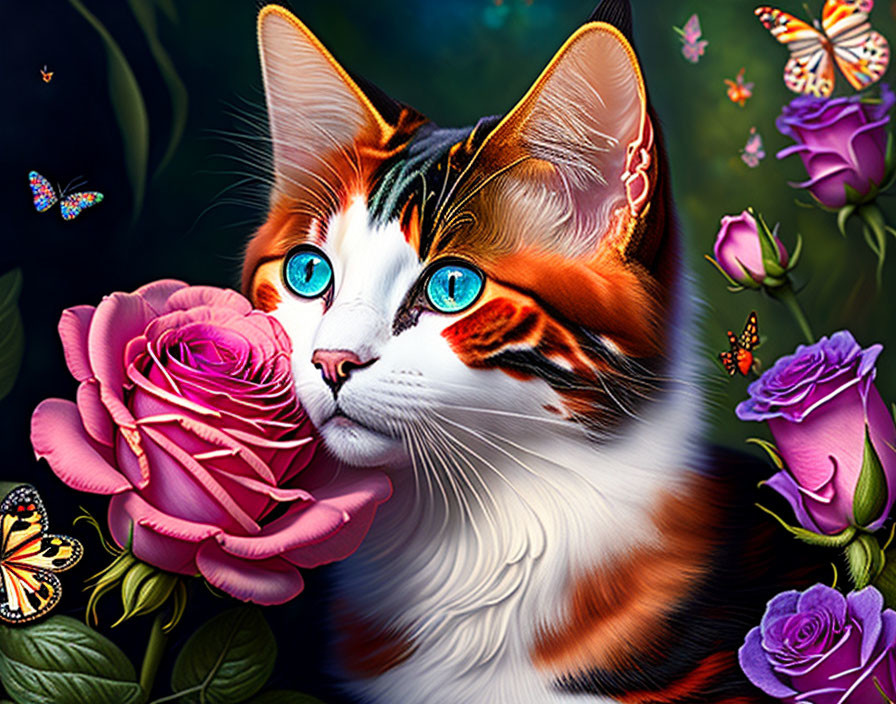 Colorful Cat Illustration with Blue Eyes, Roses, and Butterflies on Dark Background