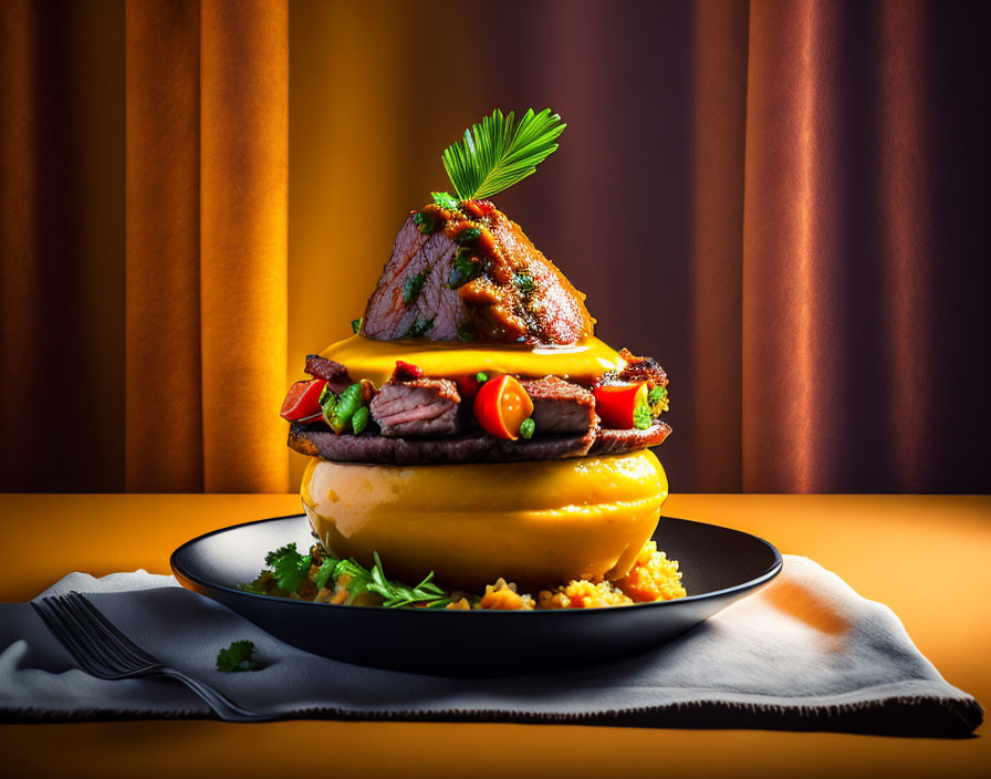 Stacked Meat, Cheese, and Veggie Dish on Puree with Dramatic Lighting