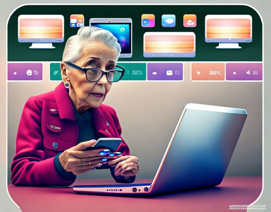 Elderly Woman in Pink Jacket Surprised Using Smartphone and Laptop