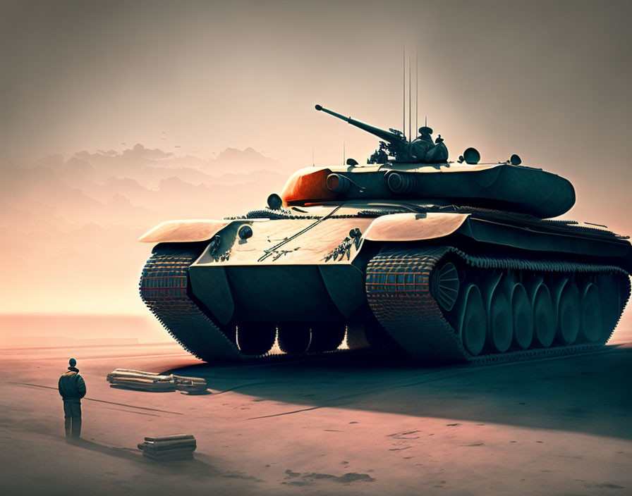 Solitary figure facing futuristic tank in desolate landscape